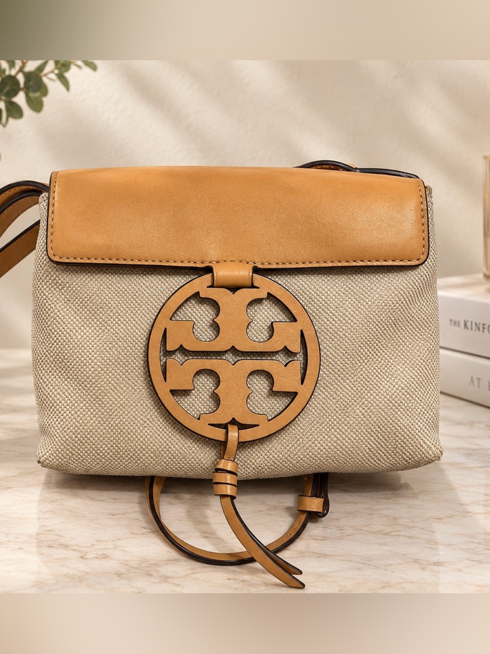 Tory Burch Beige Canvas and Tan Leather Logo Crossbody